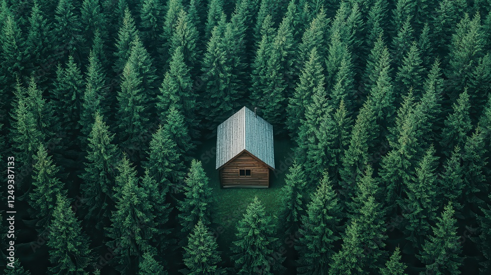 Poster a solitary cabin surrounded by dense evergreen trees creates a serene and secluded atmosphere in nat