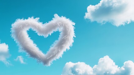 Naklejka premium Fluffy Heart Shaped Cloud in Blue Sky - A fluffy heart-shaped cloud floats in a bright blue sky surrounded by soft, white clouds, creating a dreamy atmosphere.