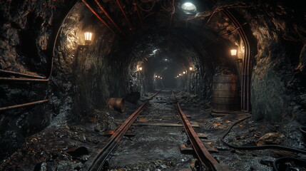 Naklejka premium A miners elevator descends deep into a coal mine a_008