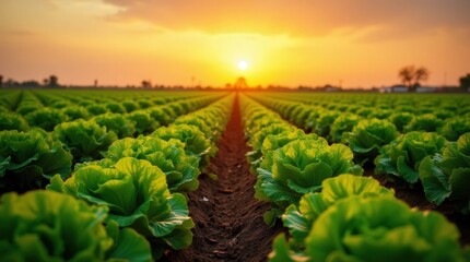 Fototapeta premium Rows of Fresh Lettuce Growing in a Field During Sunset in Rural Farmland