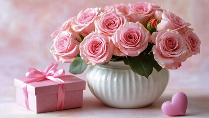 Elegant bouquet of pink roses with a gift box and heart on a soft background