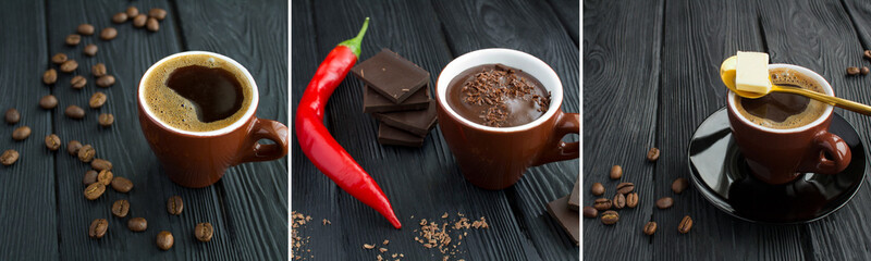 Coffee collage. Different types of coffee in the brown cup on a black wooden background. Close-up.