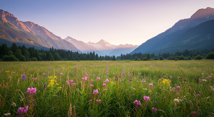 Obraz premium Lush Valley with Tall Grass and Flowers Leading to Distant Mountain Range