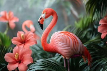 Fototapeta premium Flamingo standing gracefully among vibrant tropical flowers in lush greenery
