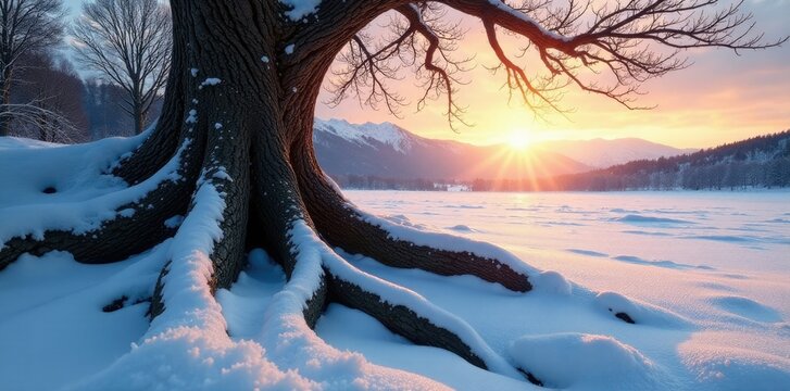 Twisted tree roots in snowy landscape with sun's reflection, frozen, tree roots
