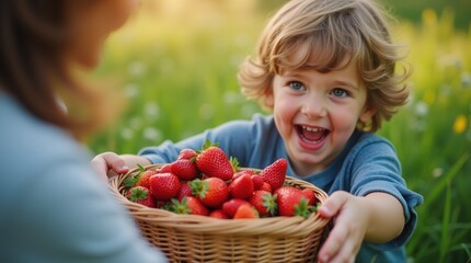 Child Joyfully Picking Strawberries in a Sunny Field During Summer