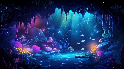 Underwater Cave With Glowing Shimmering Water And Lush Growth