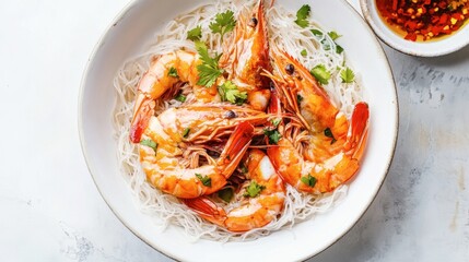 Delicious Shrimp Dish with Noodles and Fresh Herbs on Plate