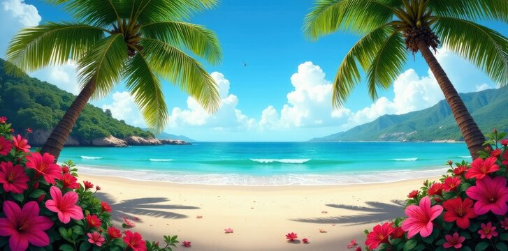 Un paisaje de playa con hamacas, palmeras y flores, landscape, hamaca, scenery