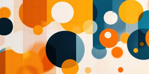 A vibrant abstract design featuring circles in various sizes and colors, including orange, blue, and white, creating a dynamic visual composition.