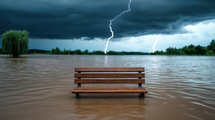 Naklejka premium Danger of Heavy Storm Concept, Flooded Park Bench Surrounded by Rising Water Under Dark Stormy Skies and Lightning Strikes