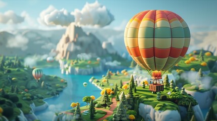 Fototapeta premium A colorful hot air balloon floats above a picturesque landscape of hills and lakes.