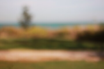 A blurry dreamy view of autumn colors on the trees growing along the shore.