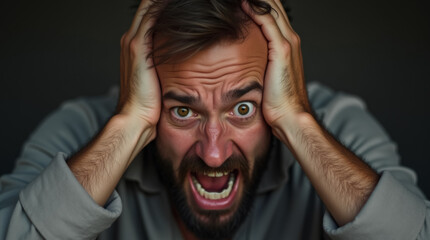 Portrait of angry aggressive man holding his head with his hands