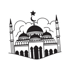 Silhouette sketch of Mosque with Domes, Minarets, Archways, and 'Happy Eid' Calligraphy Design