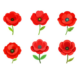 Watercolor floral set with red poppy flowers