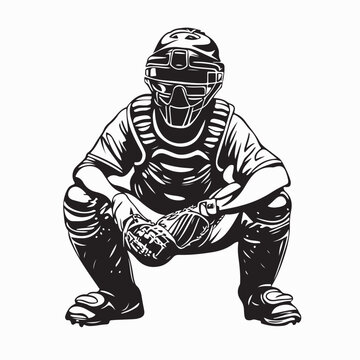 Baseball Catcher Vector Images. Black and white Baseball catcher Vector Images on white background.