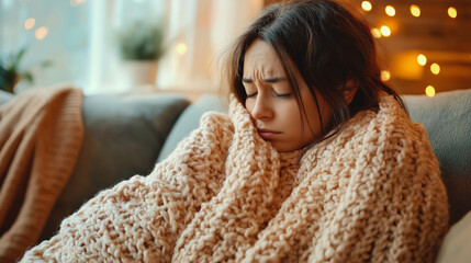 Contemplative young woman wrapped in beige sweater