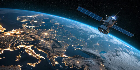 Fototapeta premium Satellite Orbiting Earth with Data Transmission Beams