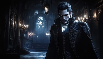 Handsome vampire stands ominously in a gothic castle hallway