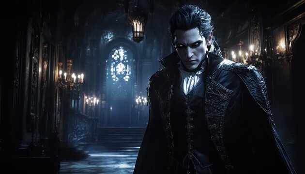 Handsome vampire stands ominously in a gothic castle hallway
