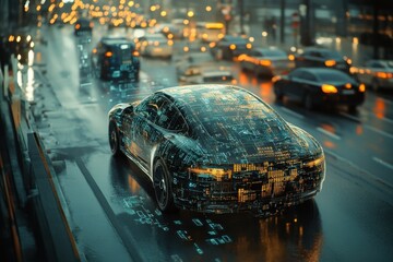 Obraz premium Futuristic car on city road with illuminated AI technology designs at night