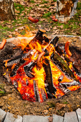 Camping in nature on an autumn day. Sausages roasted over a campfire. The concept of adventure travel tourism and camping