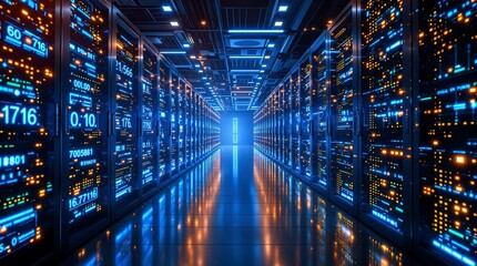 Futuristic Data Center with High-Tech Supercomputers & AI Processing