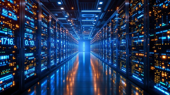 Futuristic Data Center with High-Tech Supercomputers & AI Processing