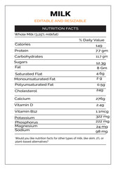 A detailed nutritional facts sheet for Whole Milk (3.25% milkfat), with a clear breakdown of the various nutritional components such as calories, protein, carbohydrates,