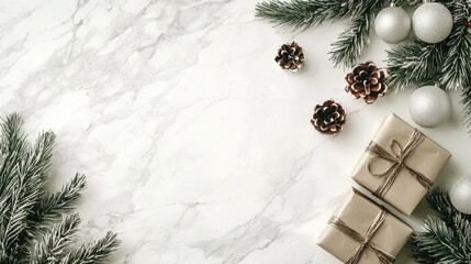 Christmas presents wrapped in colorful paper on a marble background ready for the holiday season