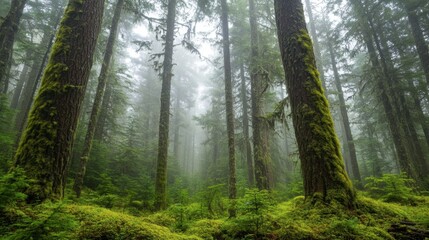 Obraz premium Misty Forest with Tall Trees and Lush Green Mossy Ground