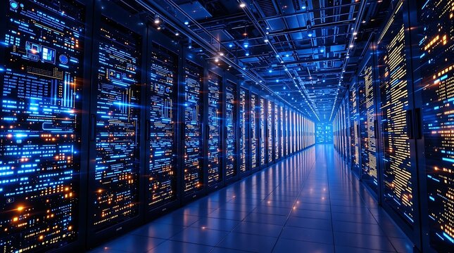 Futuristic Data Center with High-Tech Supercomputers & AI Processing