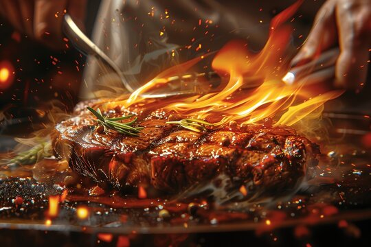 A delicious steak sizzling on a grill, surrounded by flames and fresh herbs.