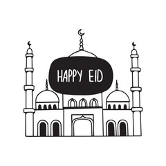 Silhouette sketch of Mosque with Domes, Minarets, Archways, and 'Happy Eid' Calligraphy Design