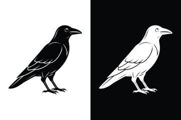 Minimalist Crow Silhouette Vector Icon in Black & White.