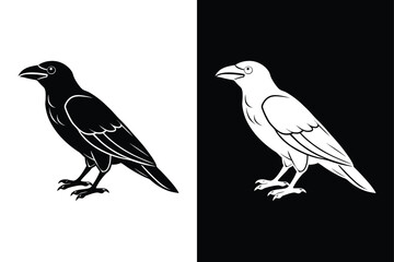 Minimalist Crow Silhouette Vector Icon in Black & White.