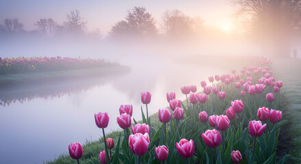 Obraz premium Delicate Pink and Purple Tulips Growing Alongside a Calm River with Mist in the Air