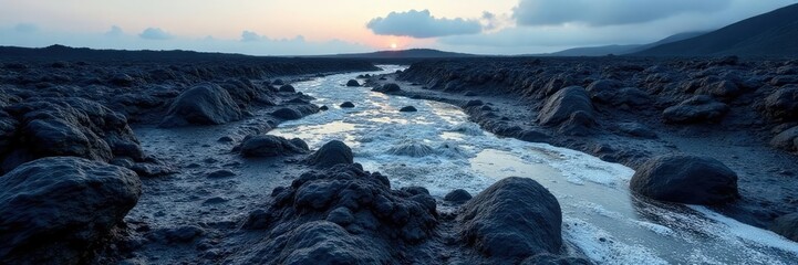 Obraz premium Black lava formations with white salt residues, natural landscapes, landscape features, black rock