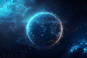 Obraz premium Global Network: A stylized Earth, glowing with interconnected lines of light against a backdrop of cosmic nebulae, symbolizes global connectivity and digital technology. 