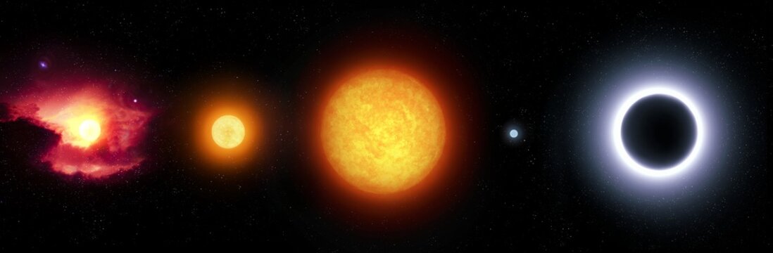 Formation and death of a massive star on a black background. Stages of star evolution from protostar to black hole.