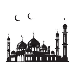 Silhouette sketch of Mosque with Domes, Minarets, Archways, and 'Happy Eid' Calligraphy Design