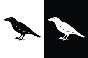 Crow Bird Silhouette Vector Icon Black and White Background.