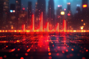 Obraz premium Vibrant city skyline with glowing soundwave visualization at night