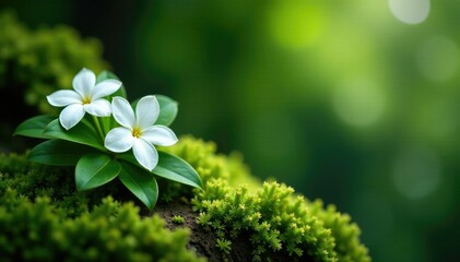 Delicate jasmine blooms amidst lush green foliage and moss, moss, foliage, nature