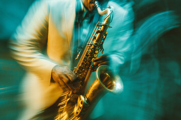 Obraz premium Generative AI Image of a Jazz Performer Playing a Saxophone in a Vibrant Atmosphere