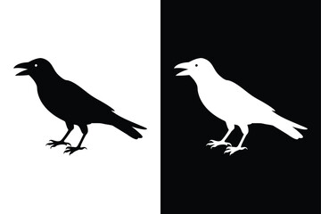 Crow Bird Silhouette Vector Icon Black and White Background.