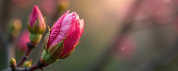 Obraz premium Delicate petals unfolding from a tightly closed tree bud, spring, growth