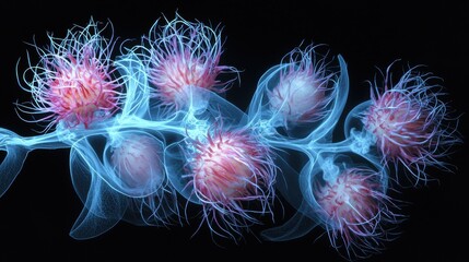 Abstract digital illustration of a plant stem with glowing, pixelated flower clusters, in shades of pink, blue, and light purple on a black background, resembling a scientific or botanical study.