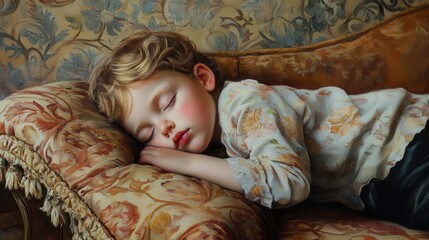 Child Sleeping Serene On Ornate Couch